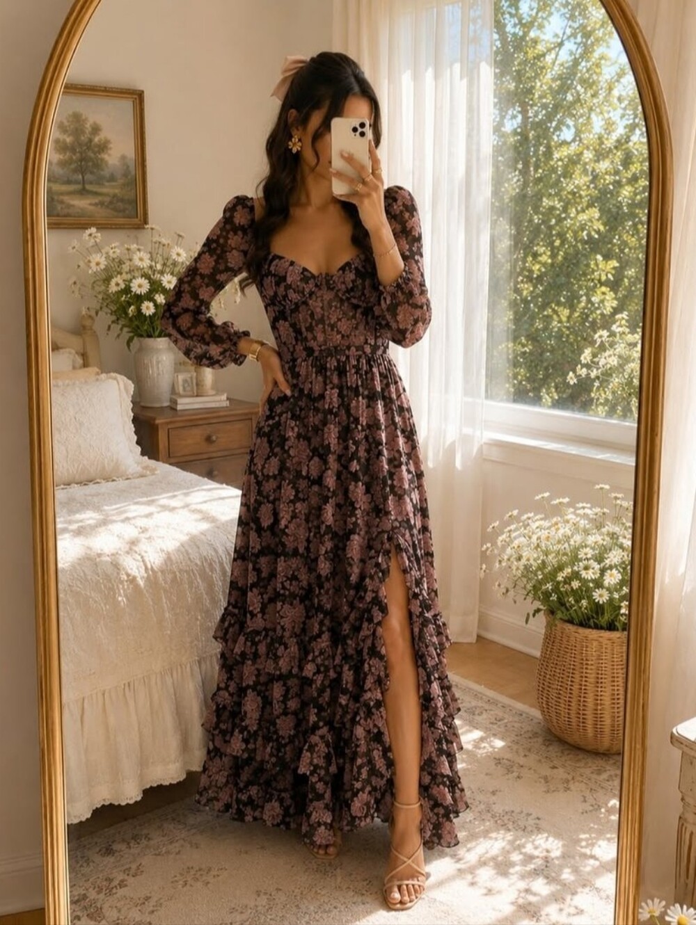 V. Chapman Black Floral Maxi Dress with Pink Accents
